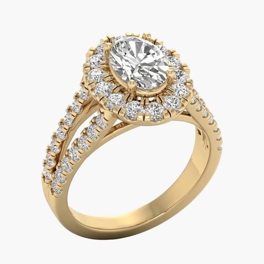 Gold ring with a large diamond and smaller diamonds on a white background
