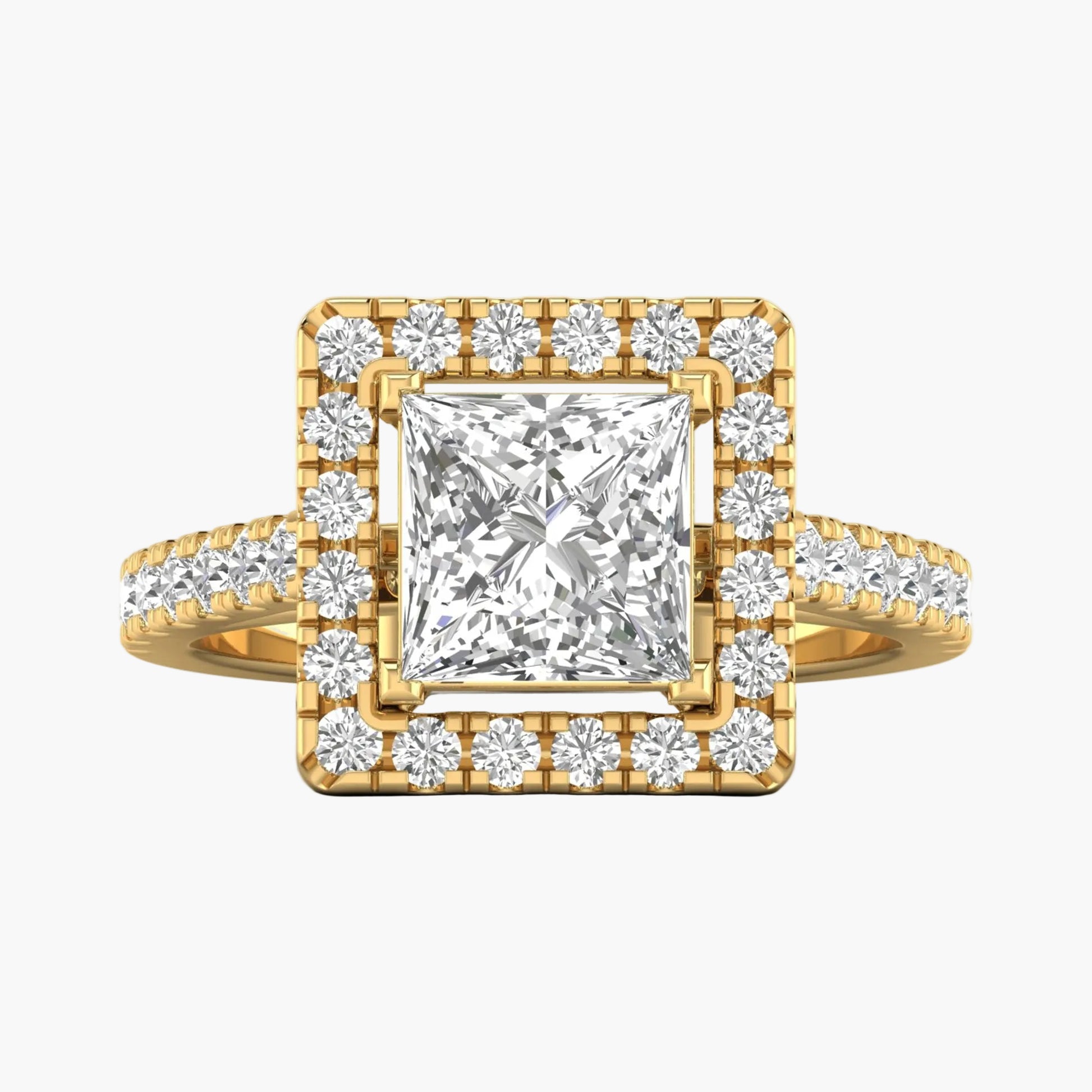 Gold ring with a large diamond and smaller diamonds on a white background