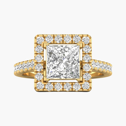 Gold ring with a large diamond and smaller diamonds on a white background