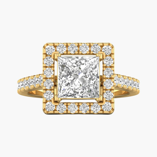 Gold ring with a large diamond and smaller diamonds on a white background