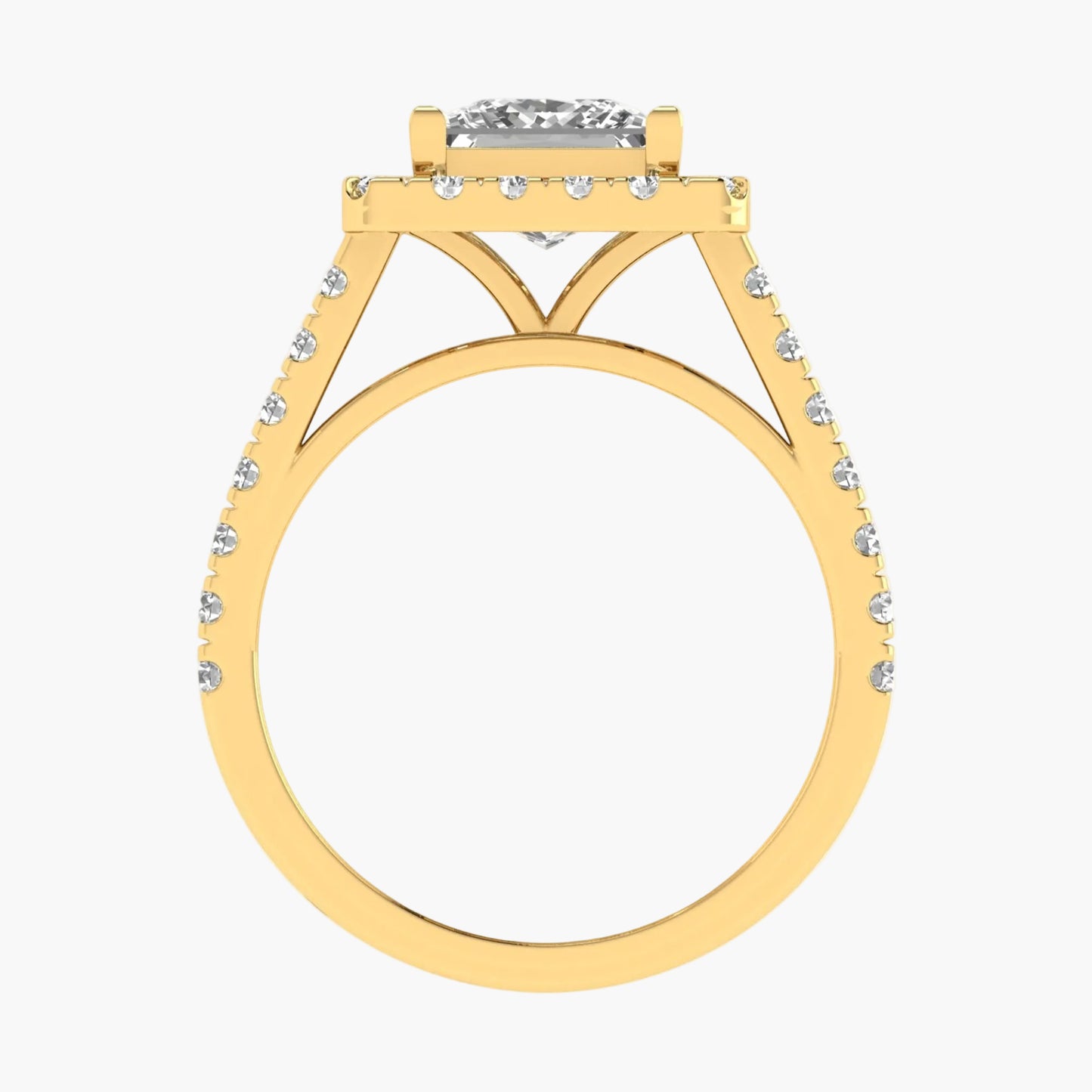 Gold ring with diamond accents on a white background