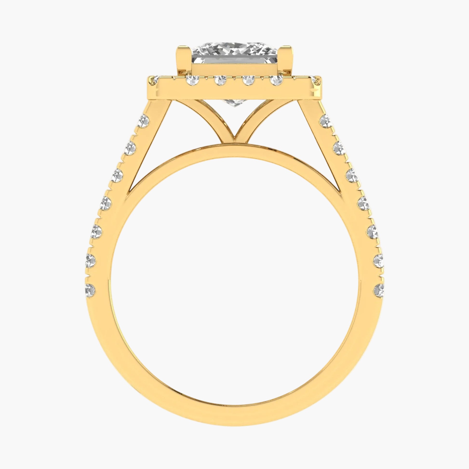 Gold ring with diamond accents on a white background