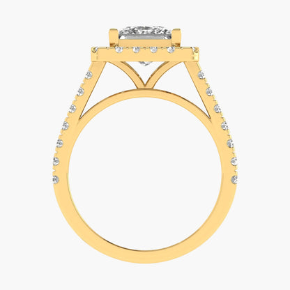 Gold ring with diamond accents on a white background