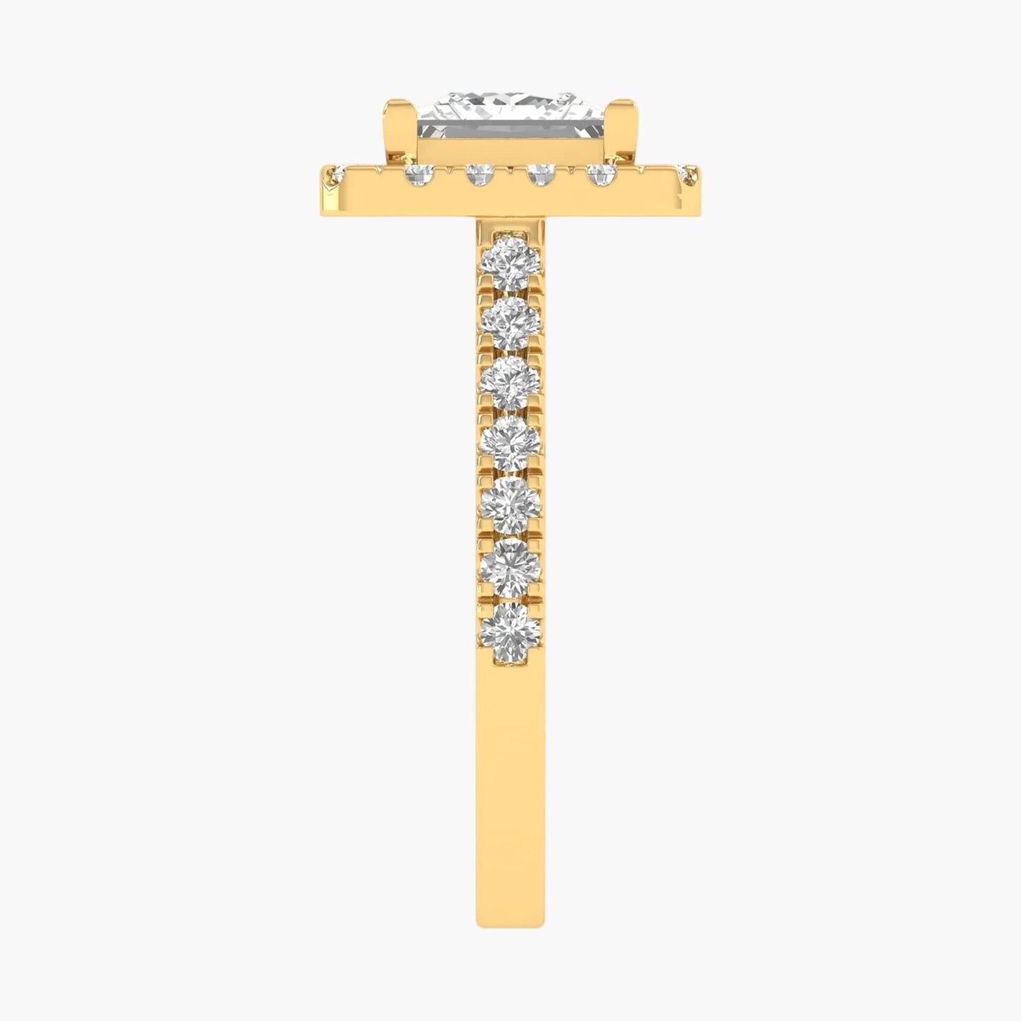 Gold earring with a central diamond and smaller diamonds on a white background