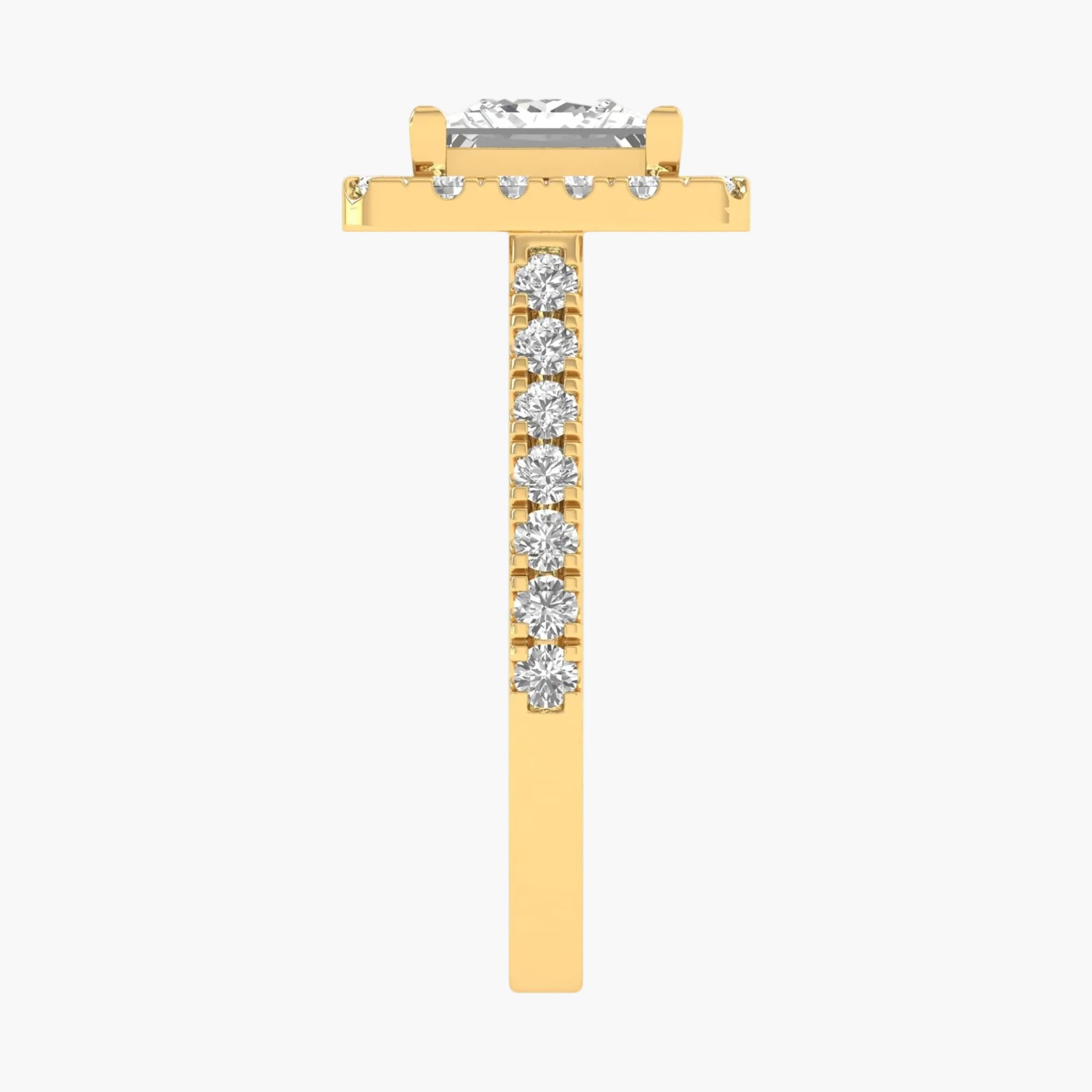 Gold earring with a central diamond and smaller diamonds on a white background
