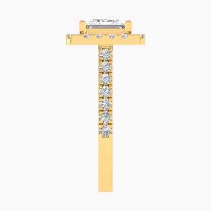 Gold earring with a central diamond and smaller diamonds on a white background