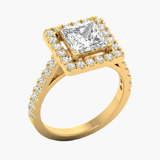 Gold ring with a large diamond and smaller diamonds on a white background