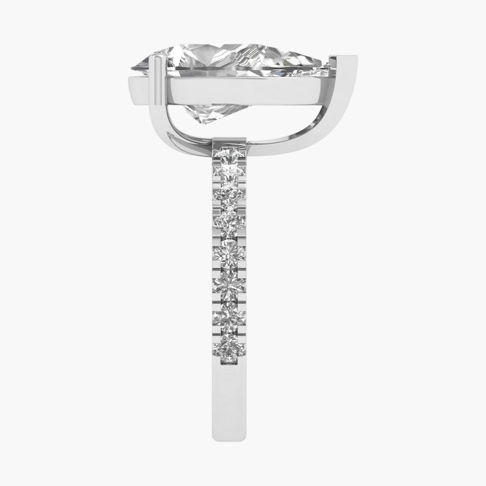 Diamond ring with a white gold band on a white background