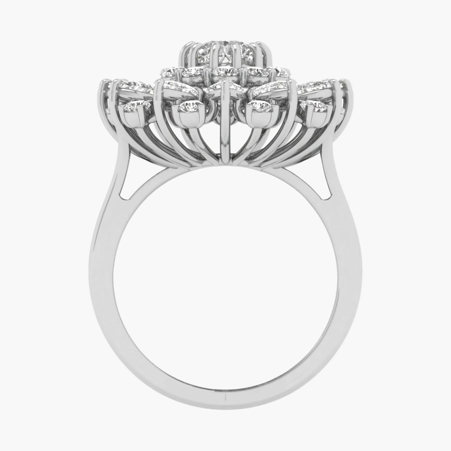 Silver ring with multiple gemstones on a white background