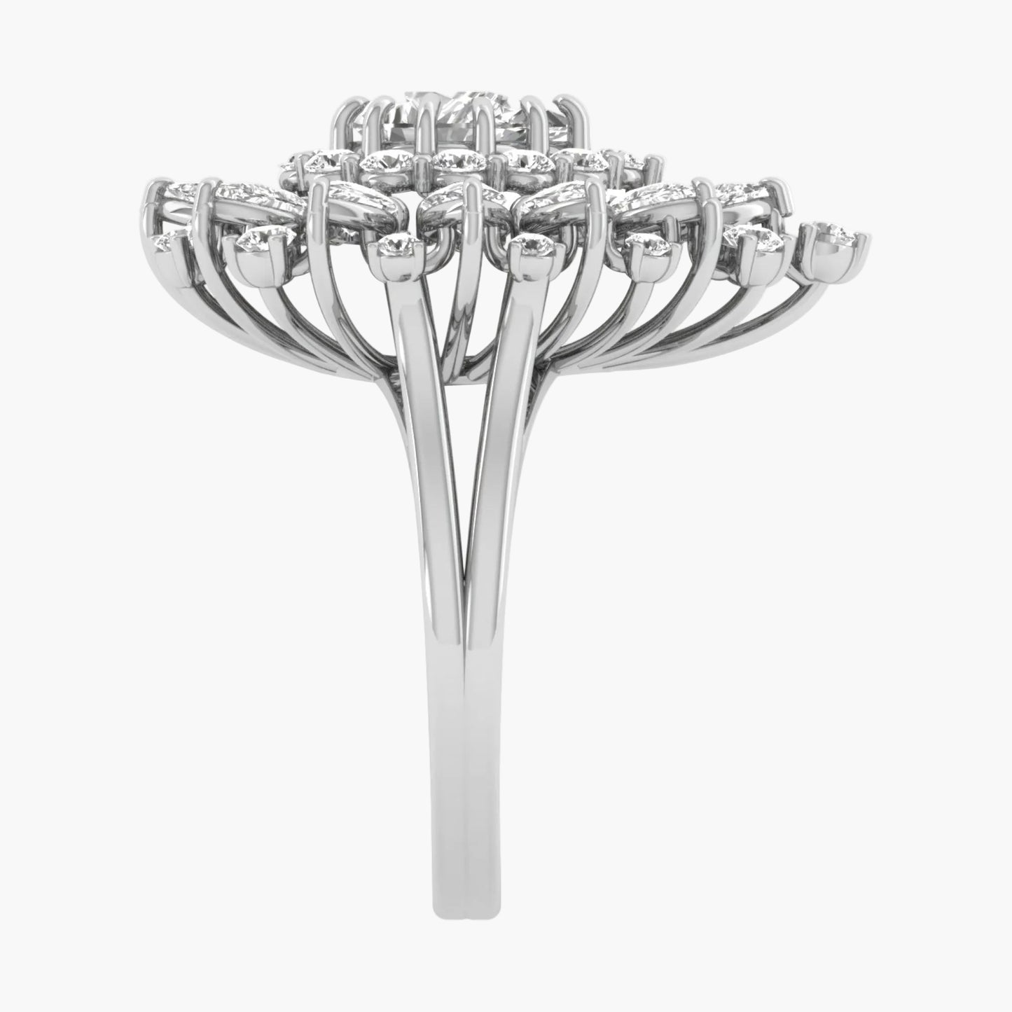 Silver ring with diamond accents on a white background