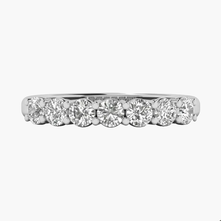 A five-stone diamond eternity ring in a silver-colored metal band, shown against a plain white background.
