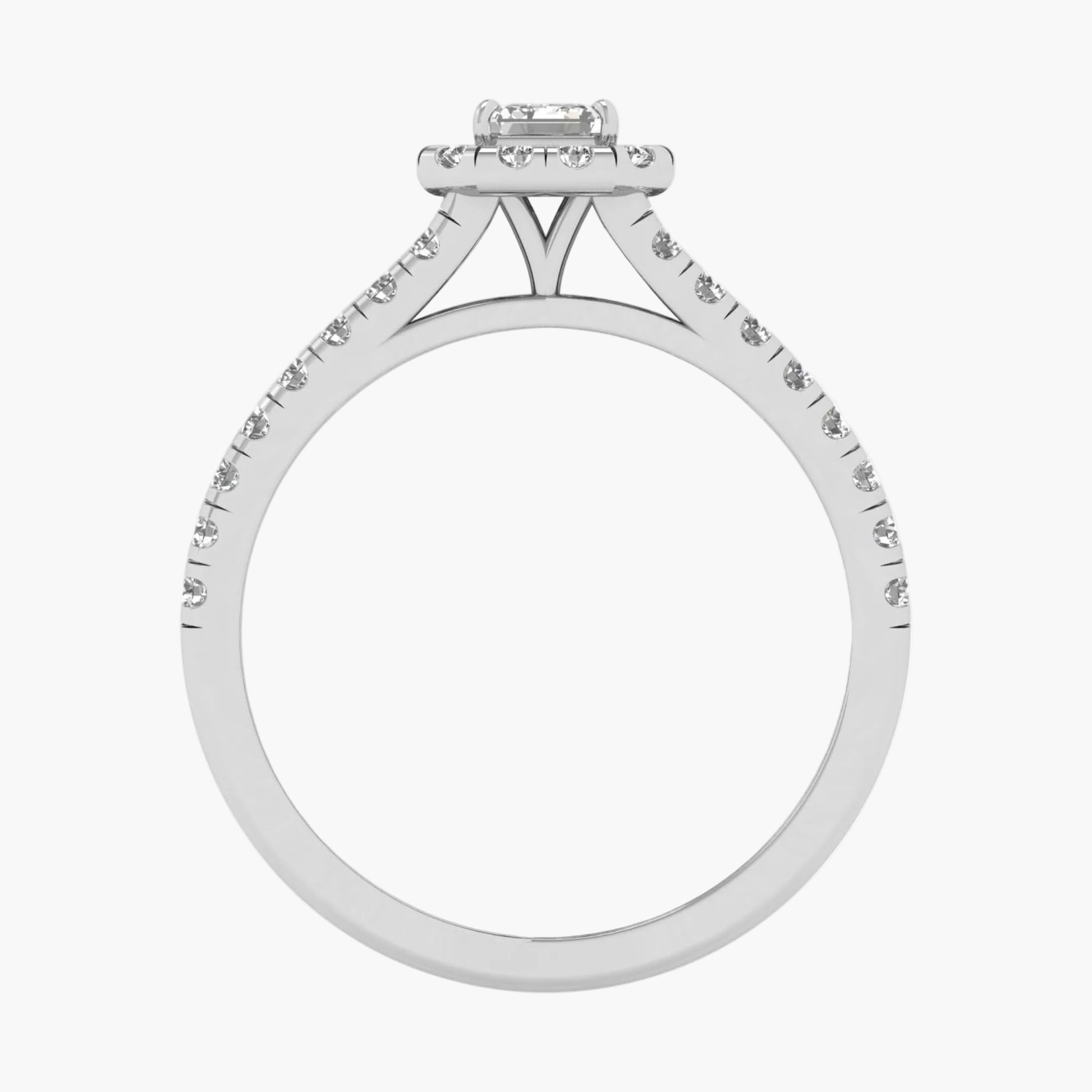 Diamond ring with a white gold band on a white background