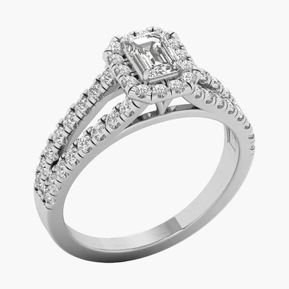 Diamond ring with a central gemstone and halo on a white background