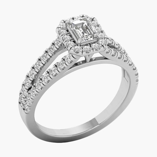 Diamond ring with a central gemstone and halo on a white background