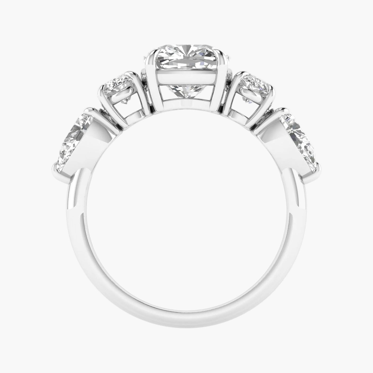 Diamond ring with a central gemstone and smaller stones on a white background