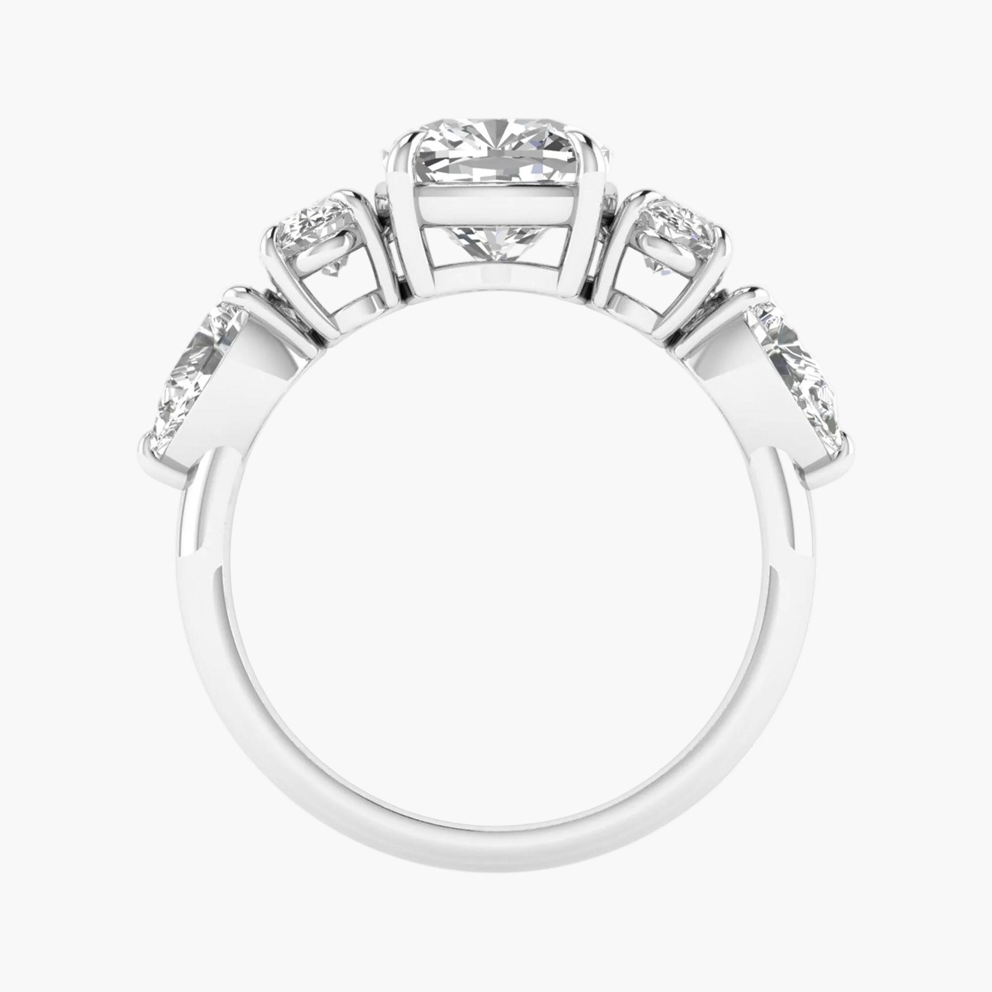Diamond ring with a central gemstone and smaller stones on a white background