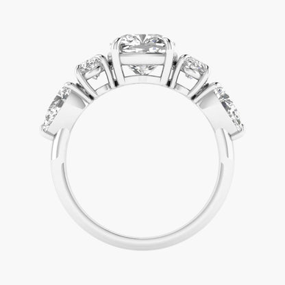 Diamond ring with a central gemstone and smaller stones on a white background