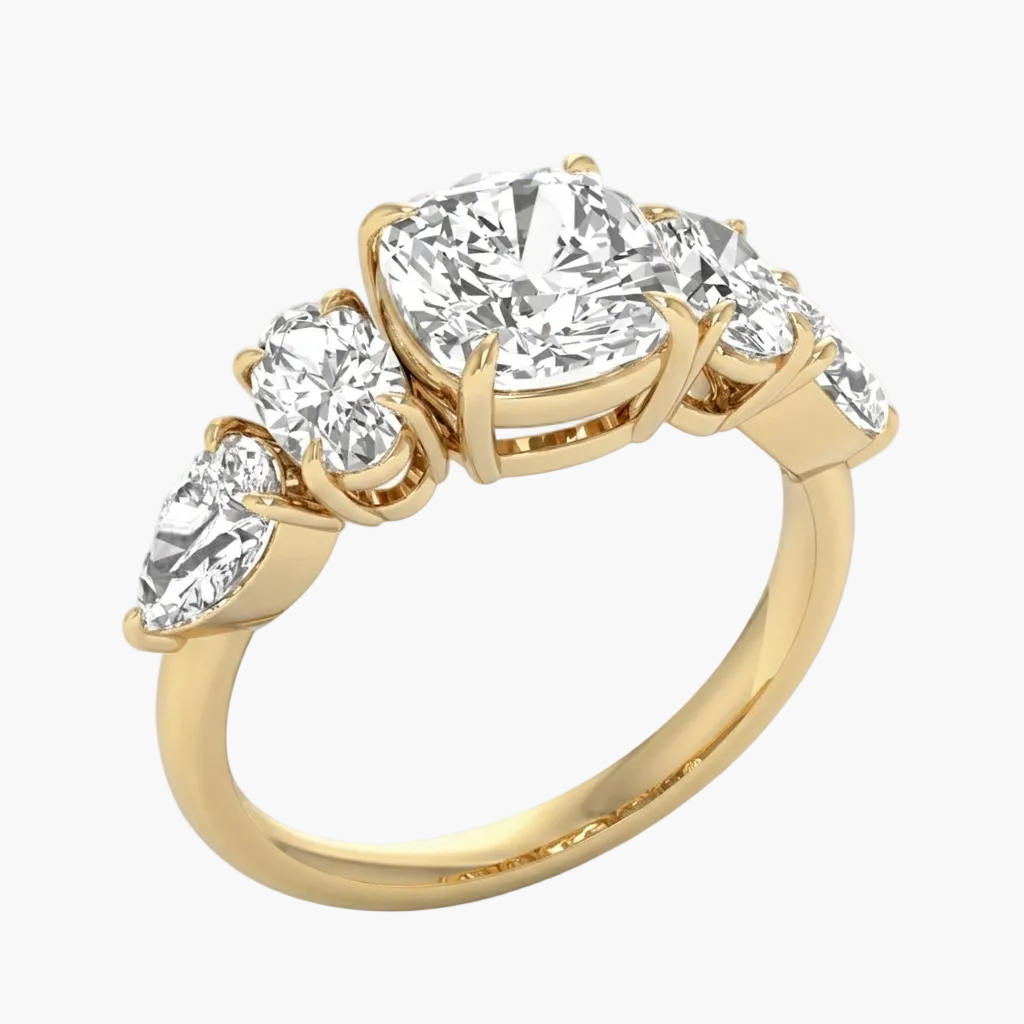 Gold ring with a large central diamond and smaller diamonds on a white background
