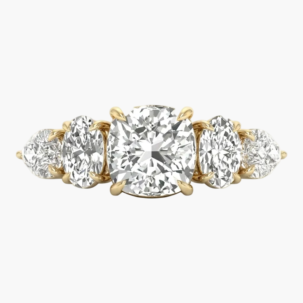 Gold ring with multiple diamonds on a white background