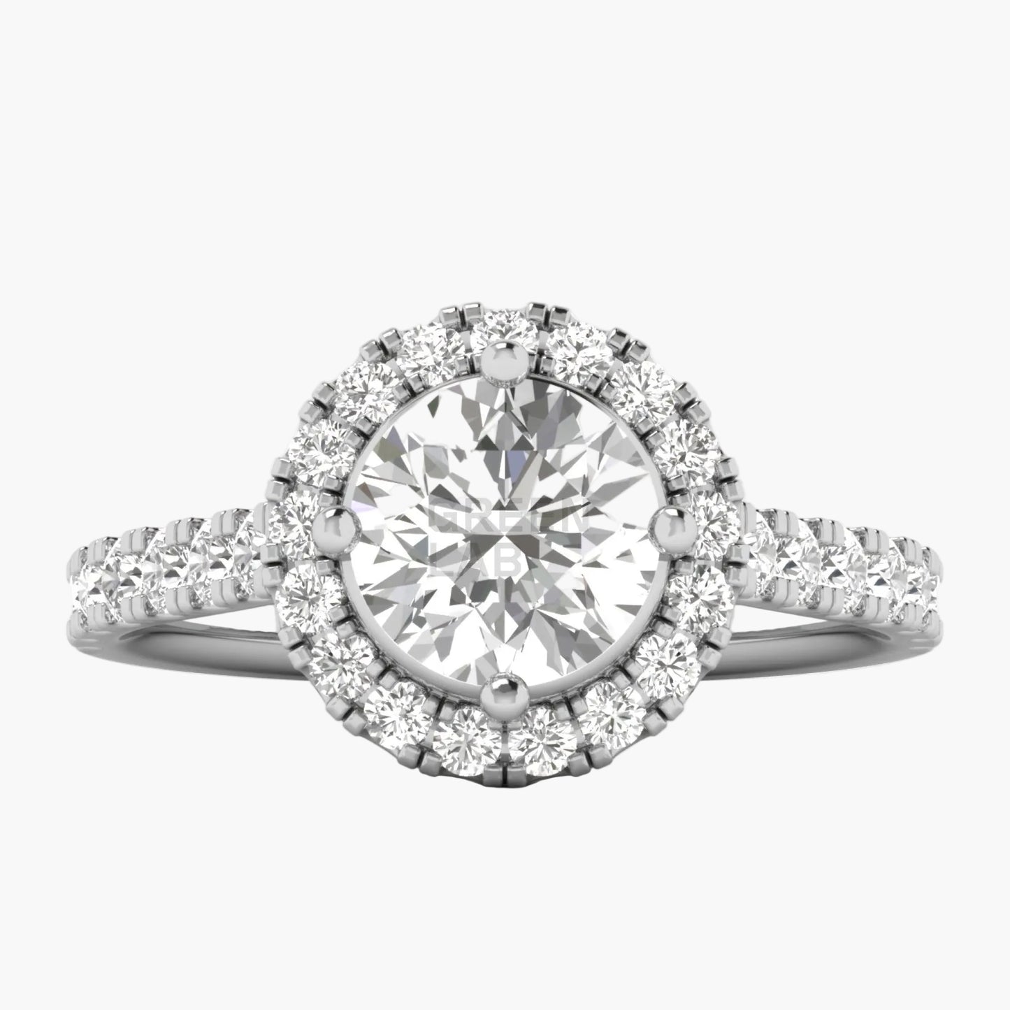 Diamond ring with a halo and additional stones on a white background