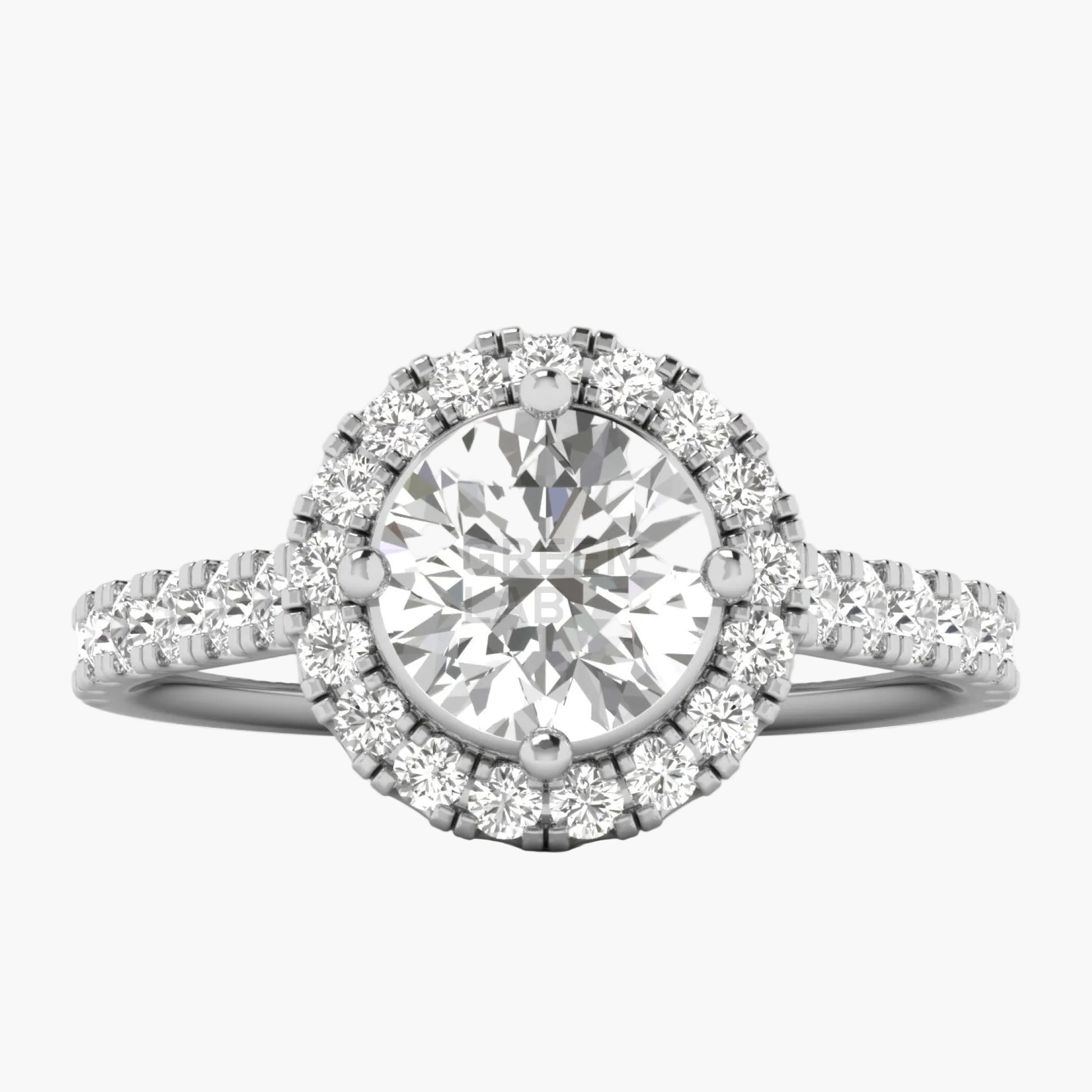 Diamond ring with a halo and additional stones on a white background