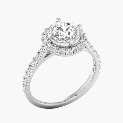 Diamond ring with a halo and round center stone on a white background