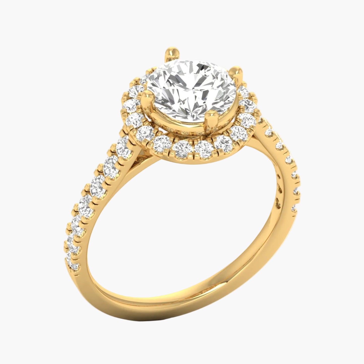 Gold ring with a large diamond and smaller diamonds on the band against a white background