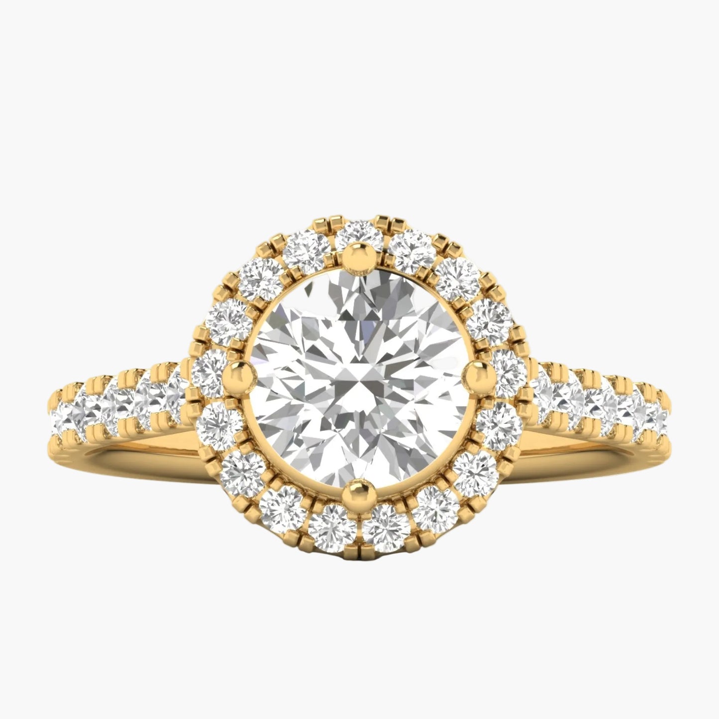 Gold ring with a large diamond and smaller diamonds around on a white background