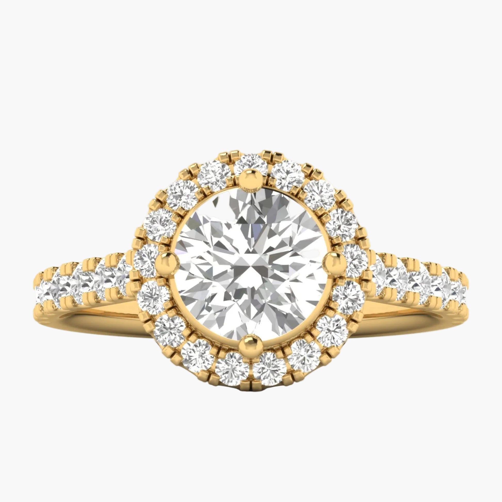 Gold ring with a large diamond and smaller diamonds around on a white background