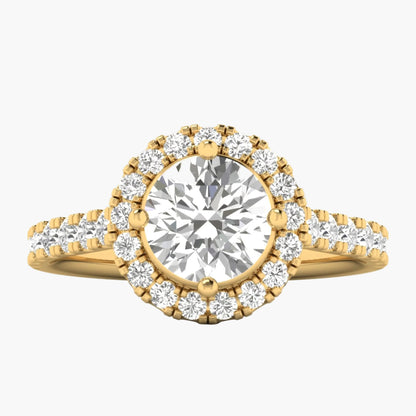 Gold ring with a large diamond and smaller diamonds around on a white background