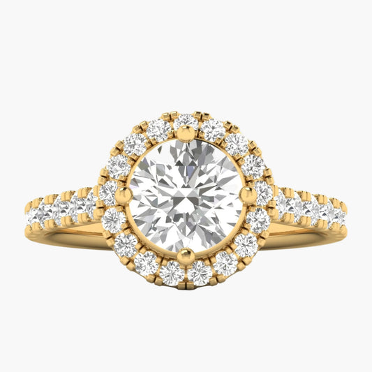 Gold ring with a large diamond and smaller diamonds around on a white background