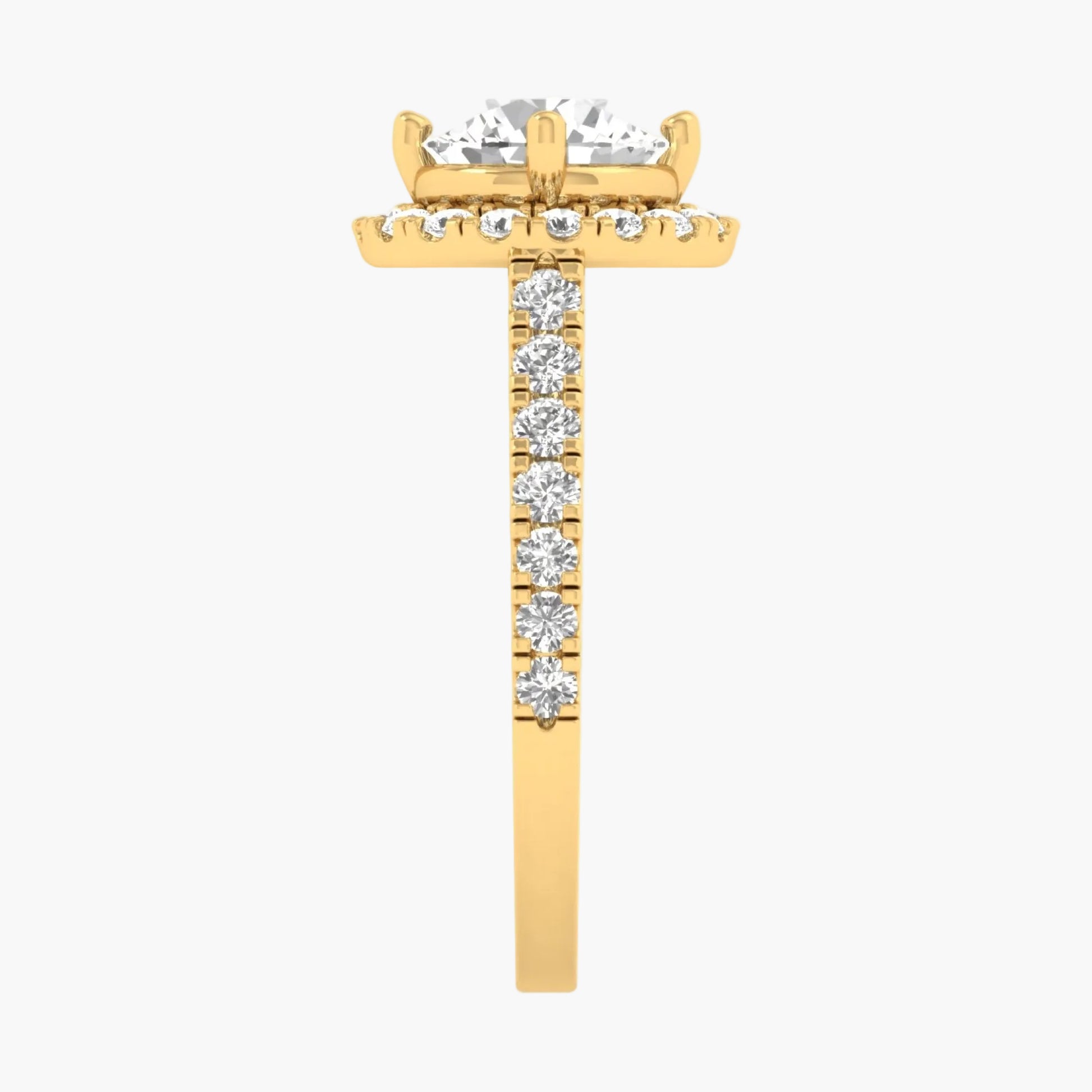 Gold earring with a central diamond and smaller diamonds on a white background