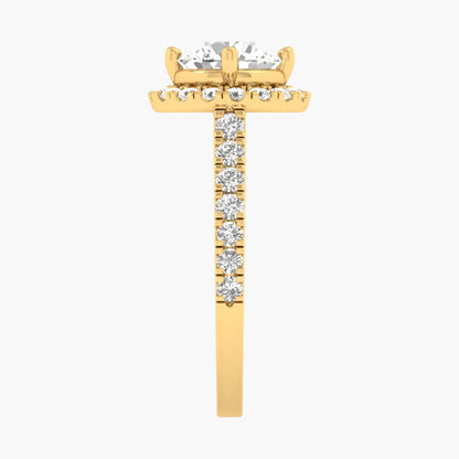 Gold earring with a central diamond and smaller diamonds on a white background
