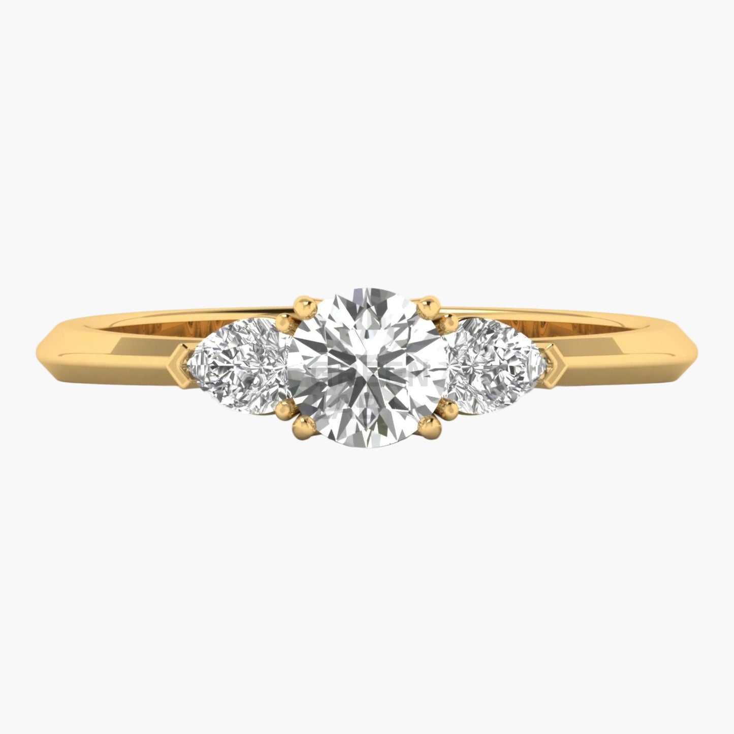 Gold ring with three diamonds on a white background