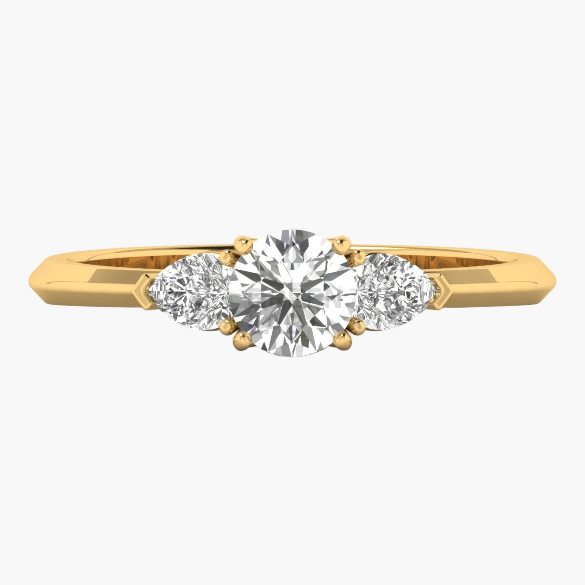 Gold ring with three diamonds on a white background