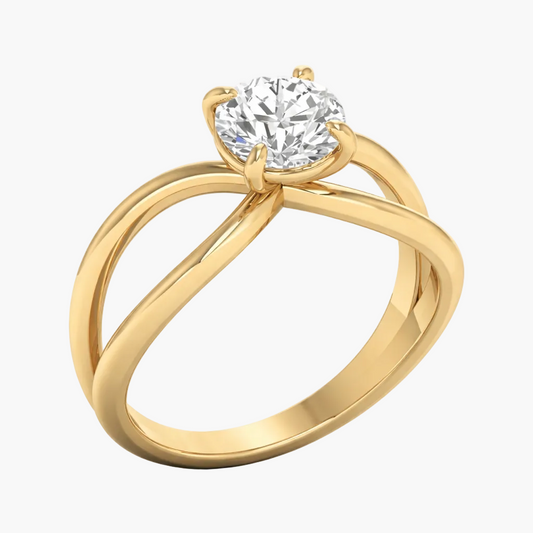 Gold ring with a large diamond on a white background