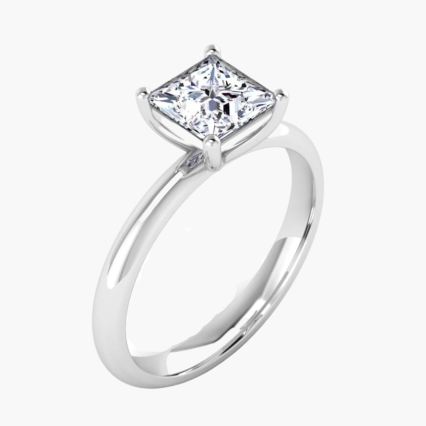 Silver ring with a large diamond on a white background