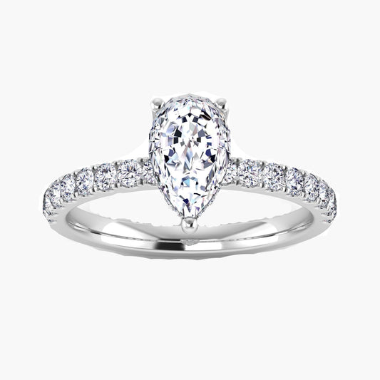Diamond ring with a pear-shaped center stone on a white background
