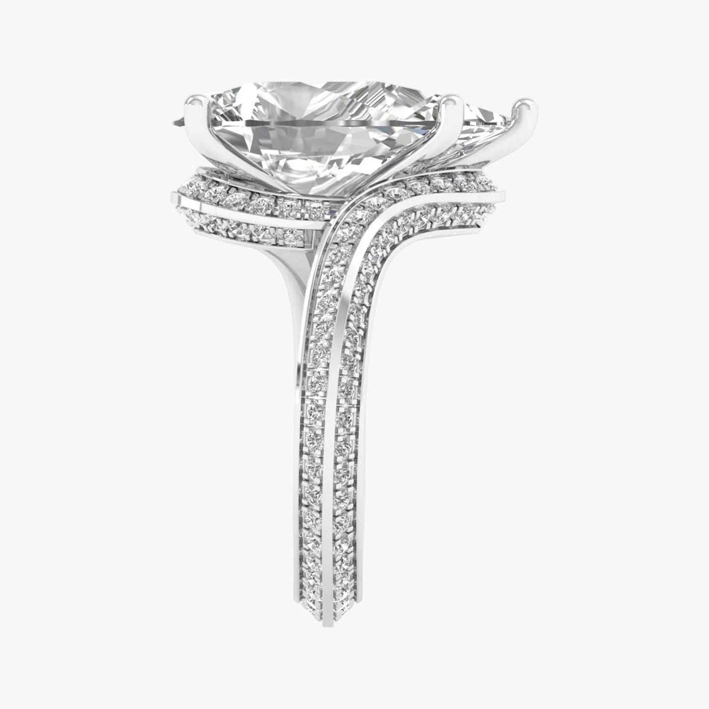 Elegant diamond ring with a large central gemstone on a white background