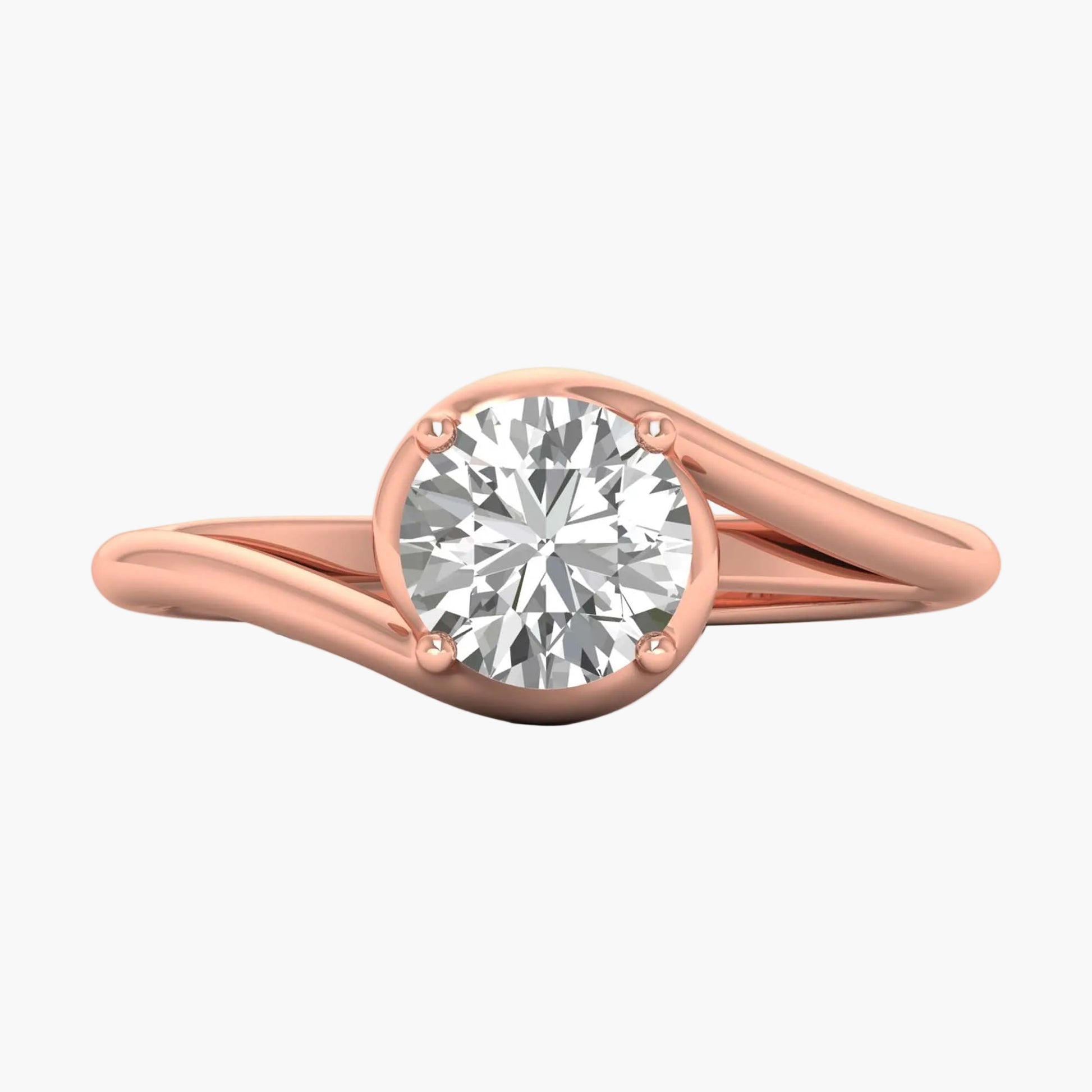 Rose gold ring with a diamond on a white background