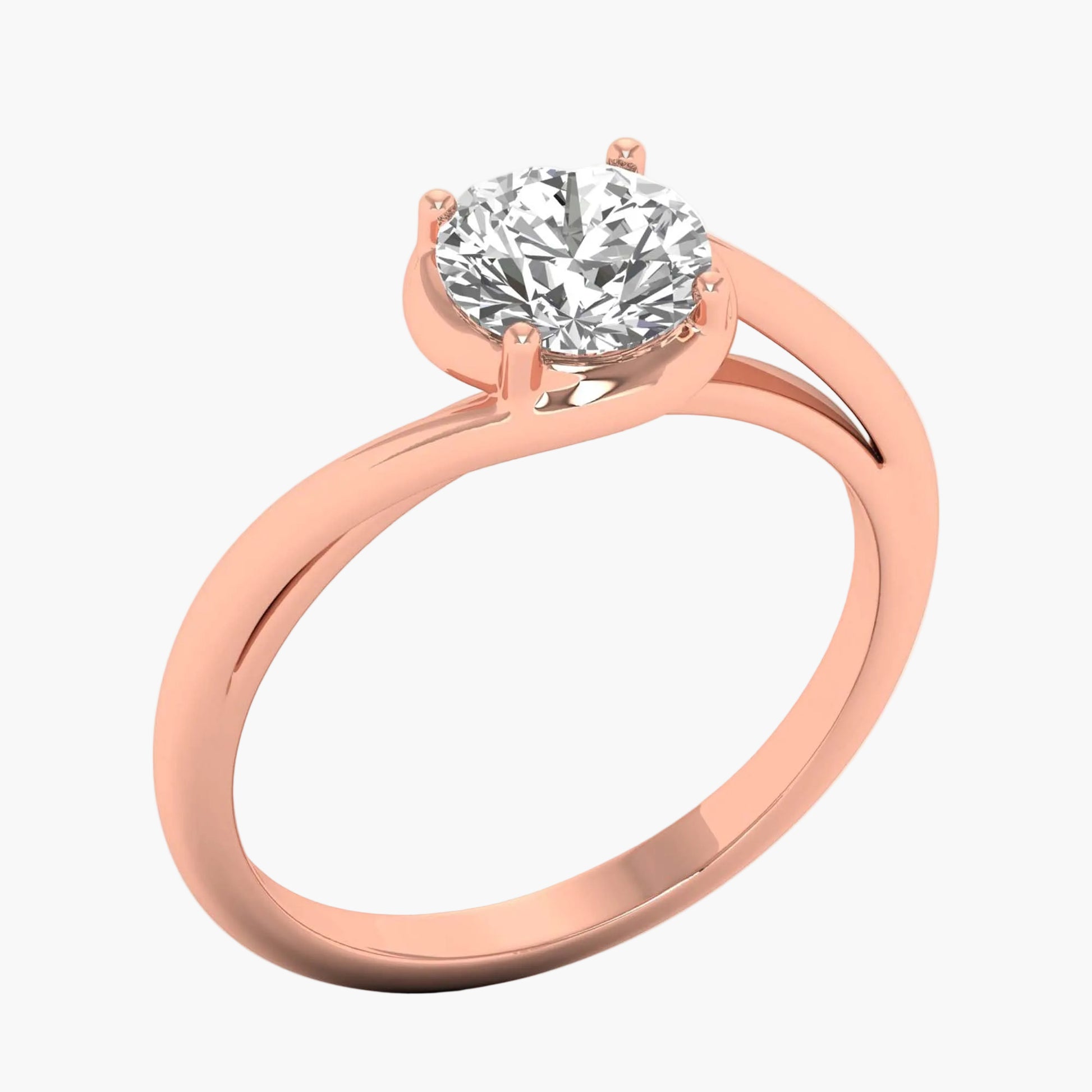 Rose gold ring with a diamond on a white background