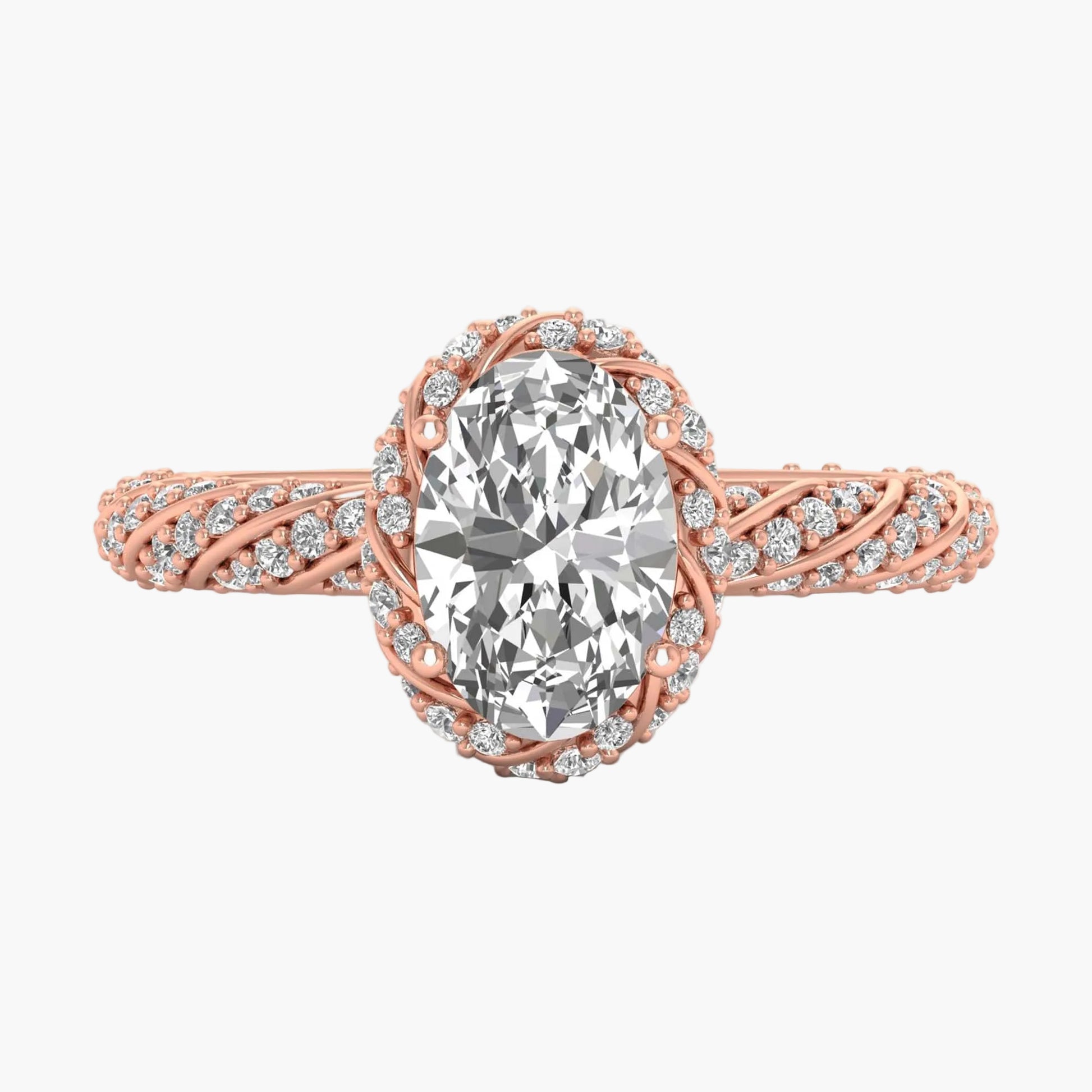 Rose gold ring with a large diamond and smaller diamonds on the band against a white background