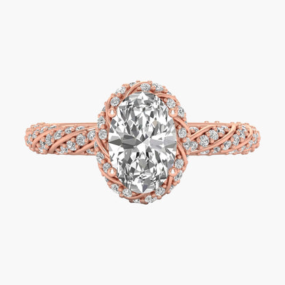 Rose gold ring with a large diamond and smaller diamonds on the band against a white background