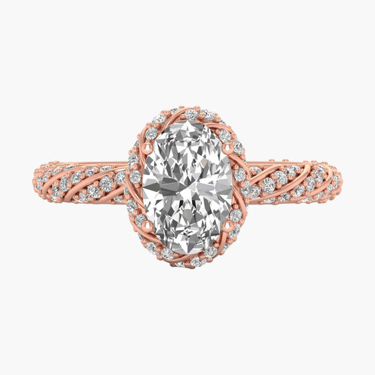 Rose gold ring with a large diamond and smaller diamonds on the band against a white background