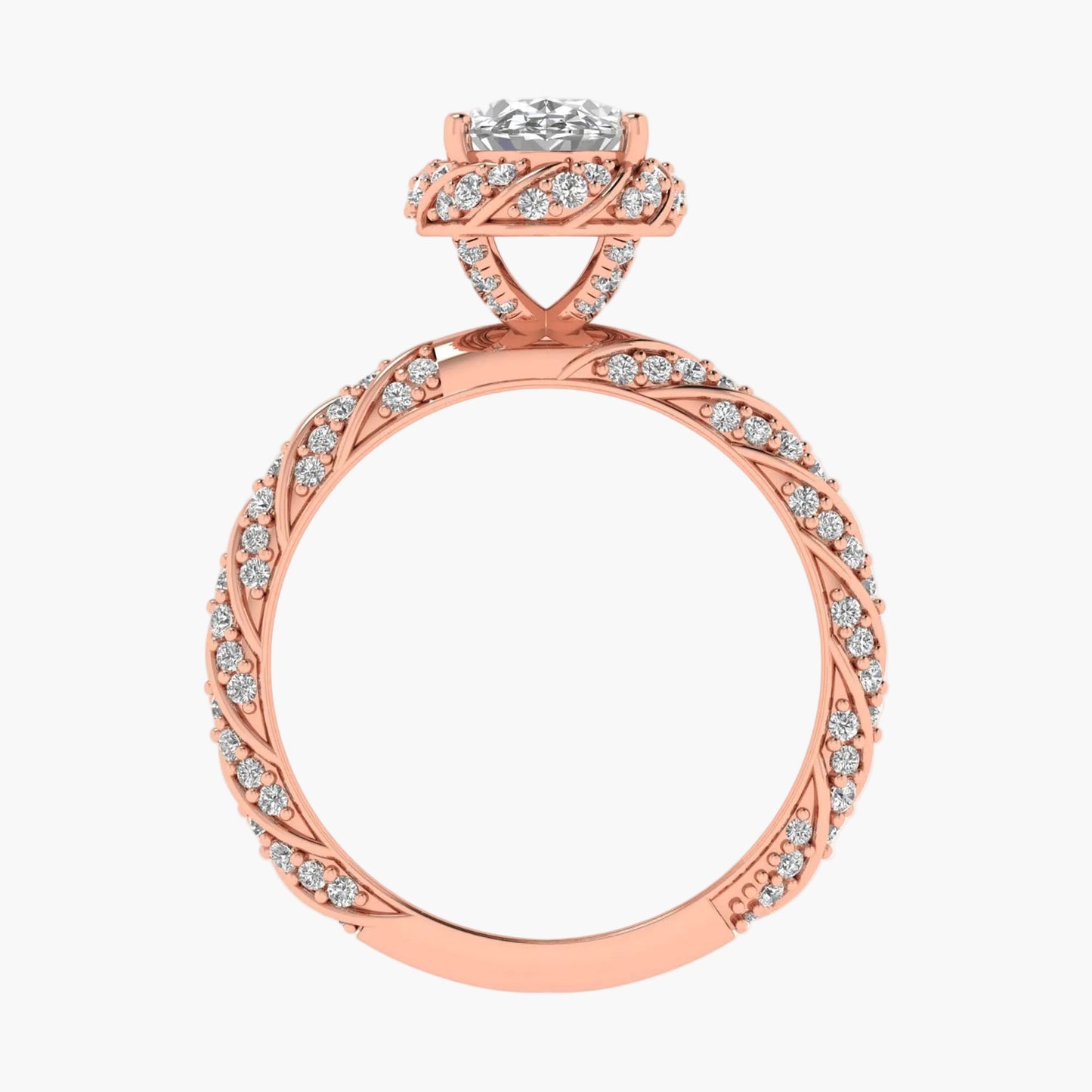 Rose gold ring with diamond accents on a white background