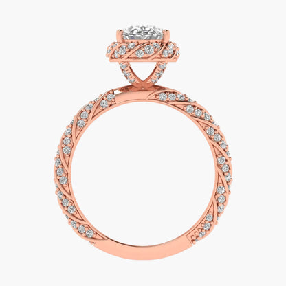 Rose gold ring with diamond accents on a white background