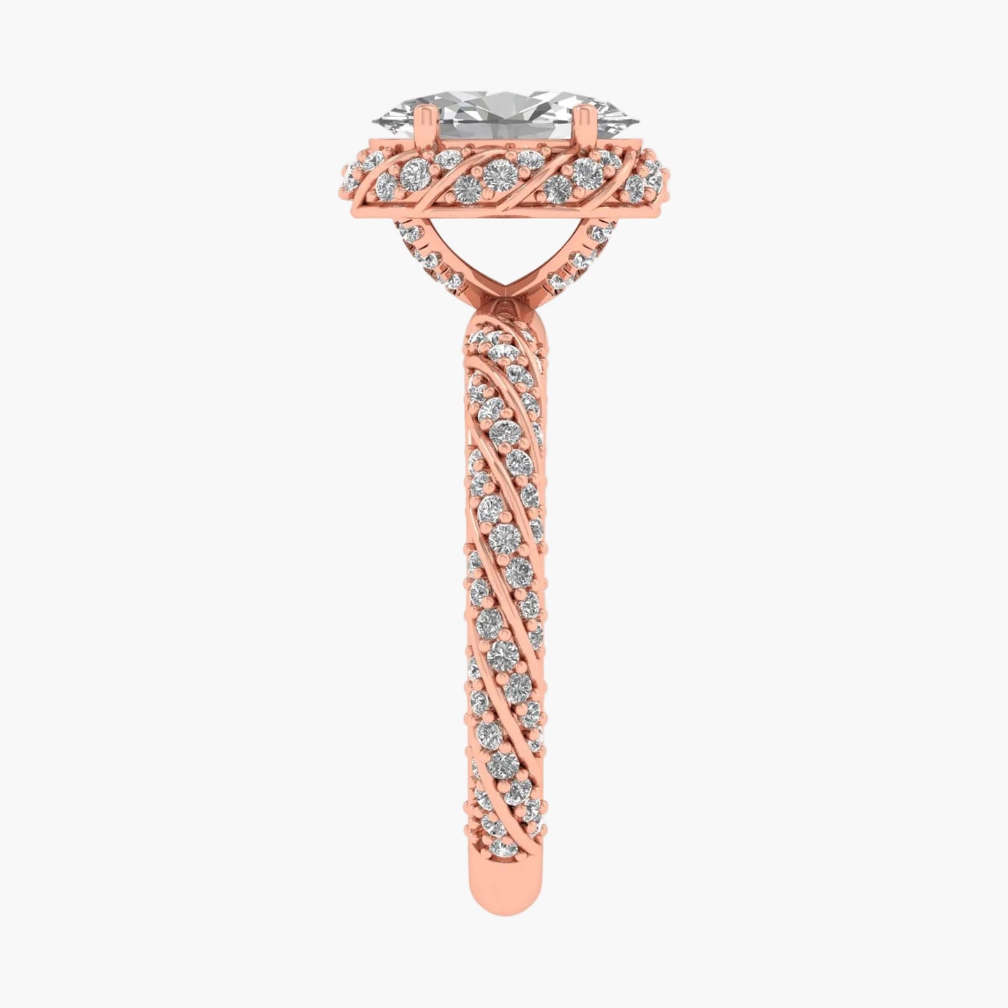 Rose gold ring with diamond accents on a white background