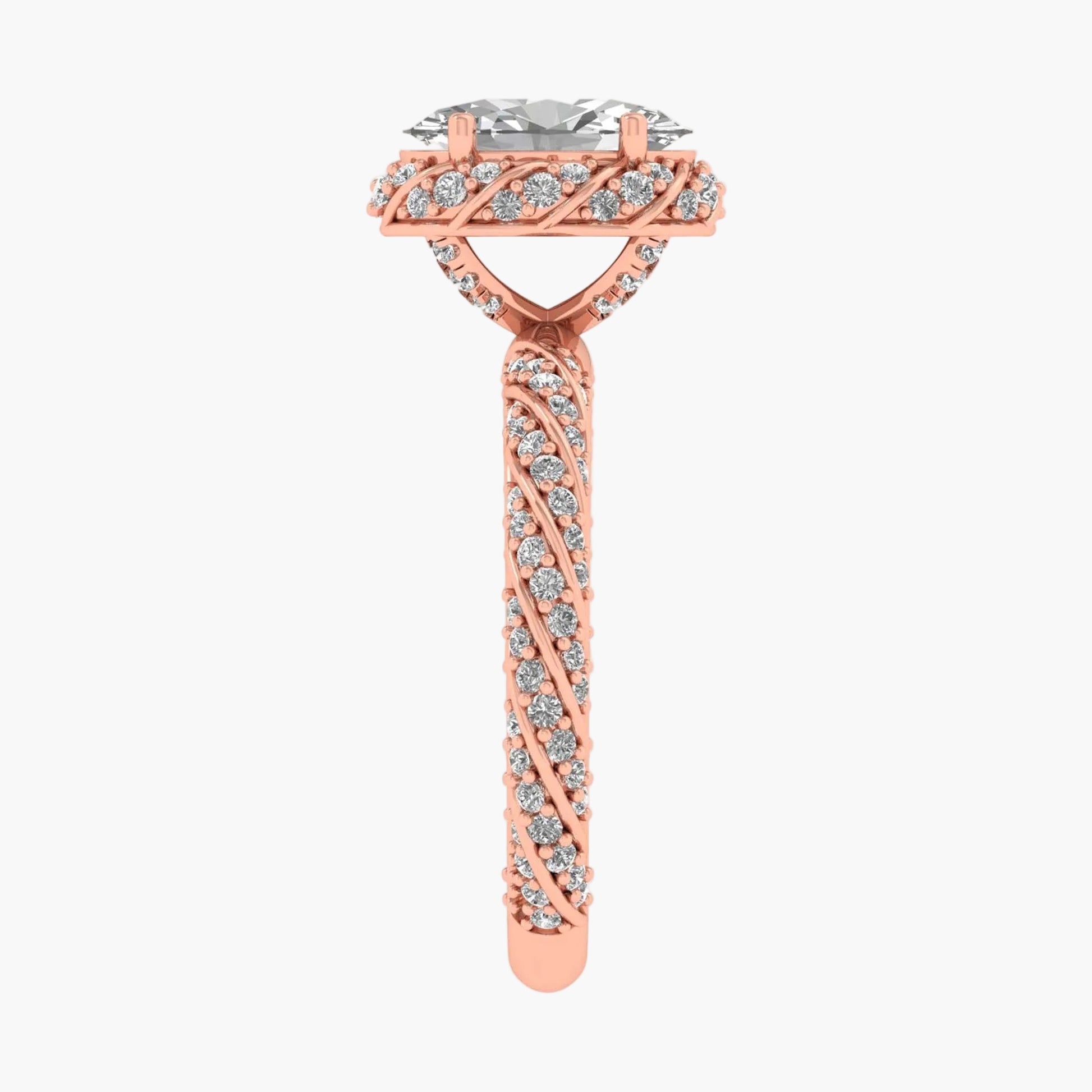 Rose gold ring with diamond accents on a white background