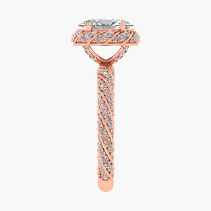 Rose gold ring with diamond accents on a white background