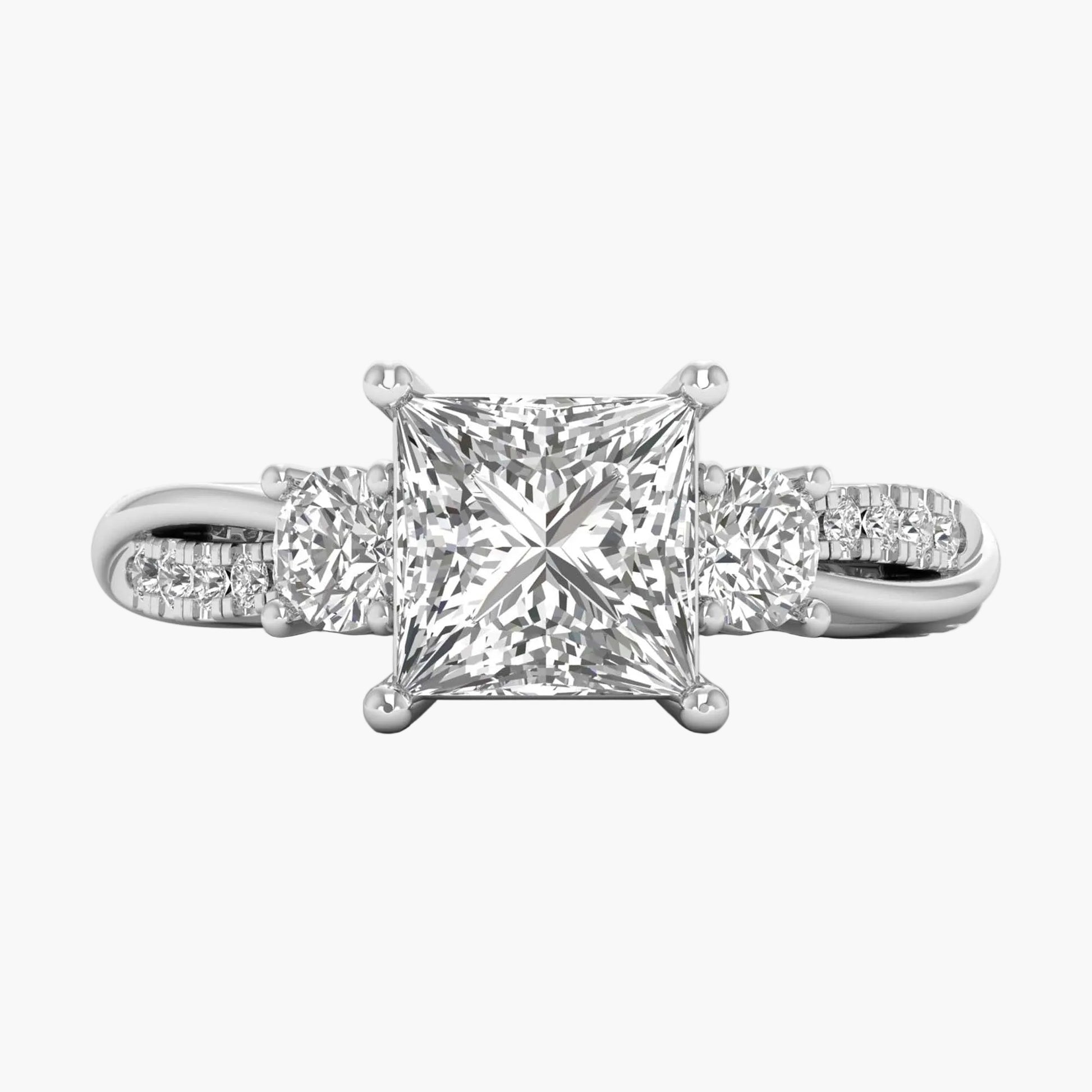 Diamond ring with a prominent princess-cut diamond on a white background